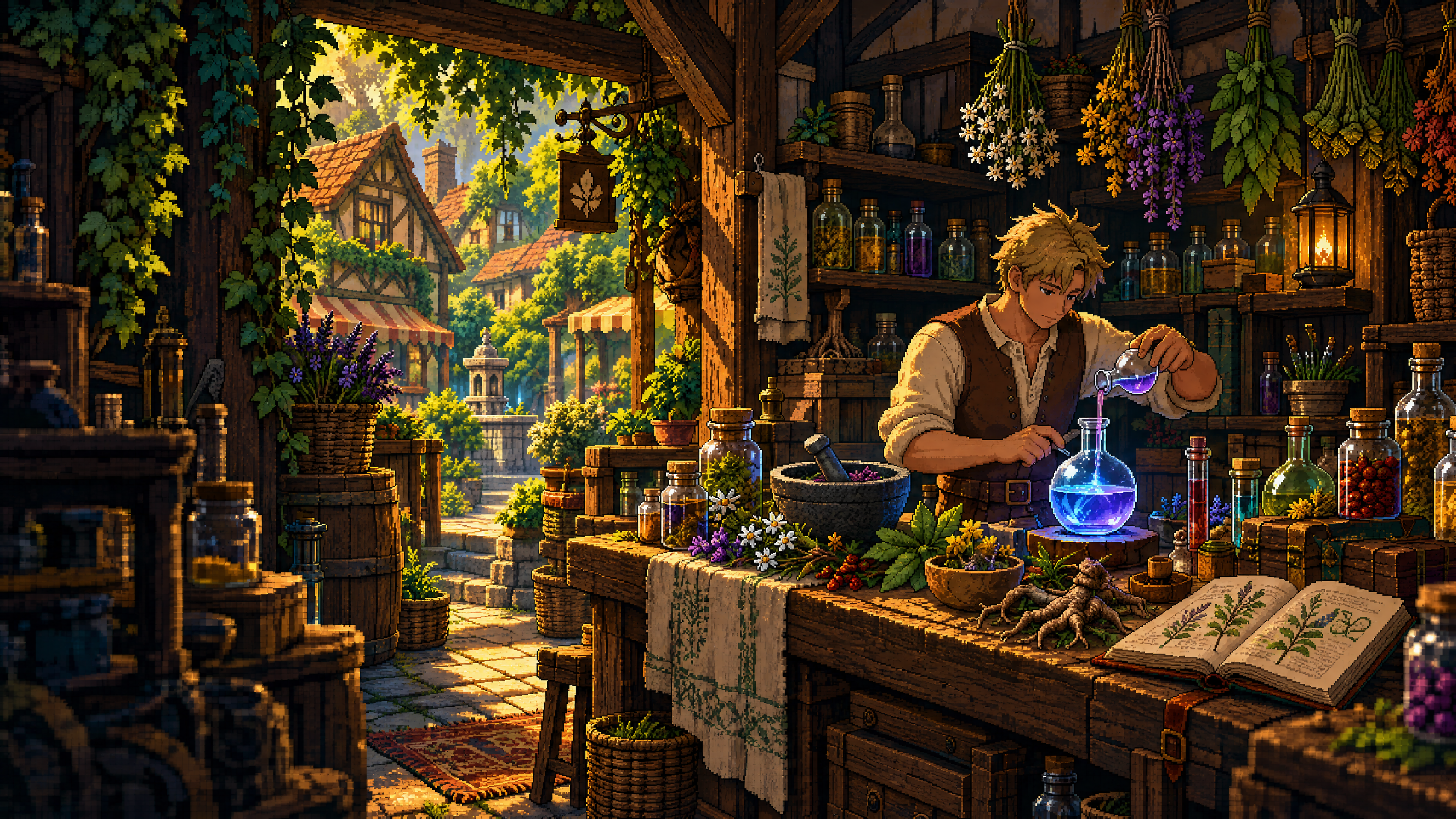 A Human alchemist pours a violet mixture into a glowing flask in a woodland workshop filled with herbs, ingredients and potion bottles.