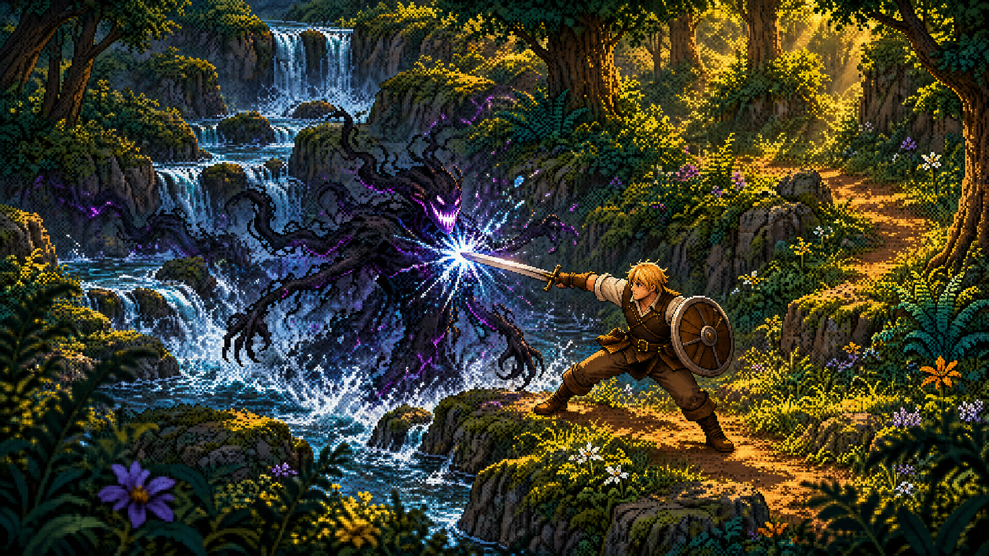 A Human warrior with sword and shield confronts a violet shadow creature beside woodland waterfalls, their clash glowing blue-white.
