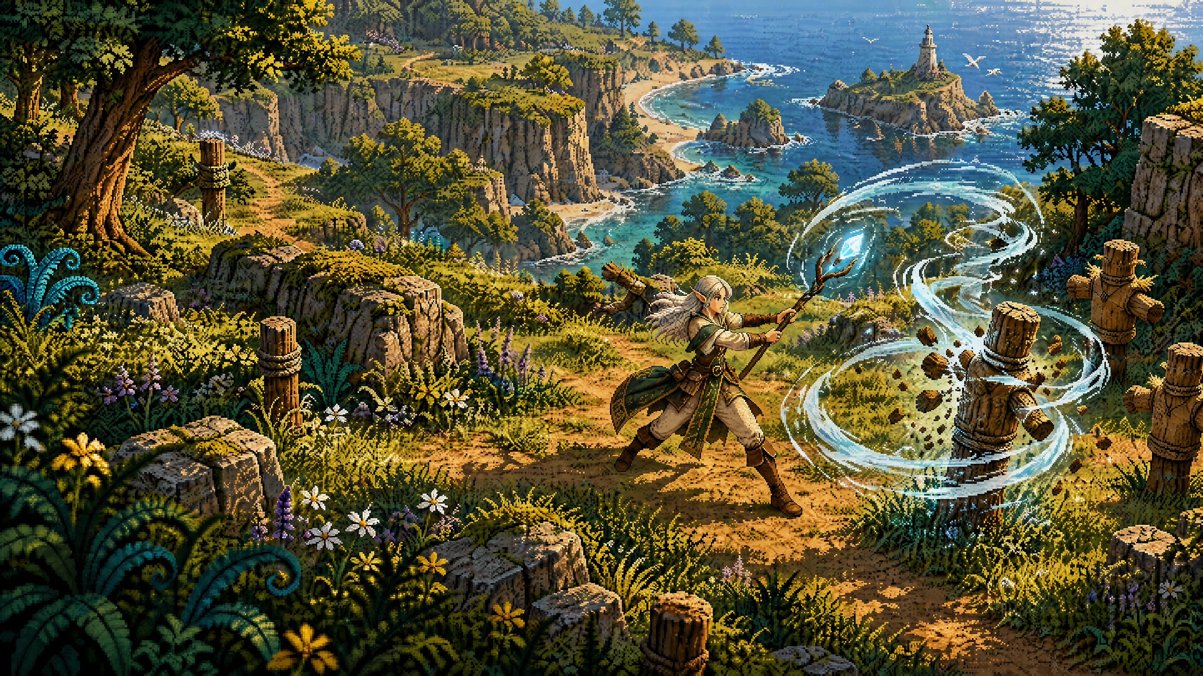 A Vaelari practices swirling Air magic against training dummies on a coastal clifftop, overlooking the ocean, winding coastline and a distant lighthouse.