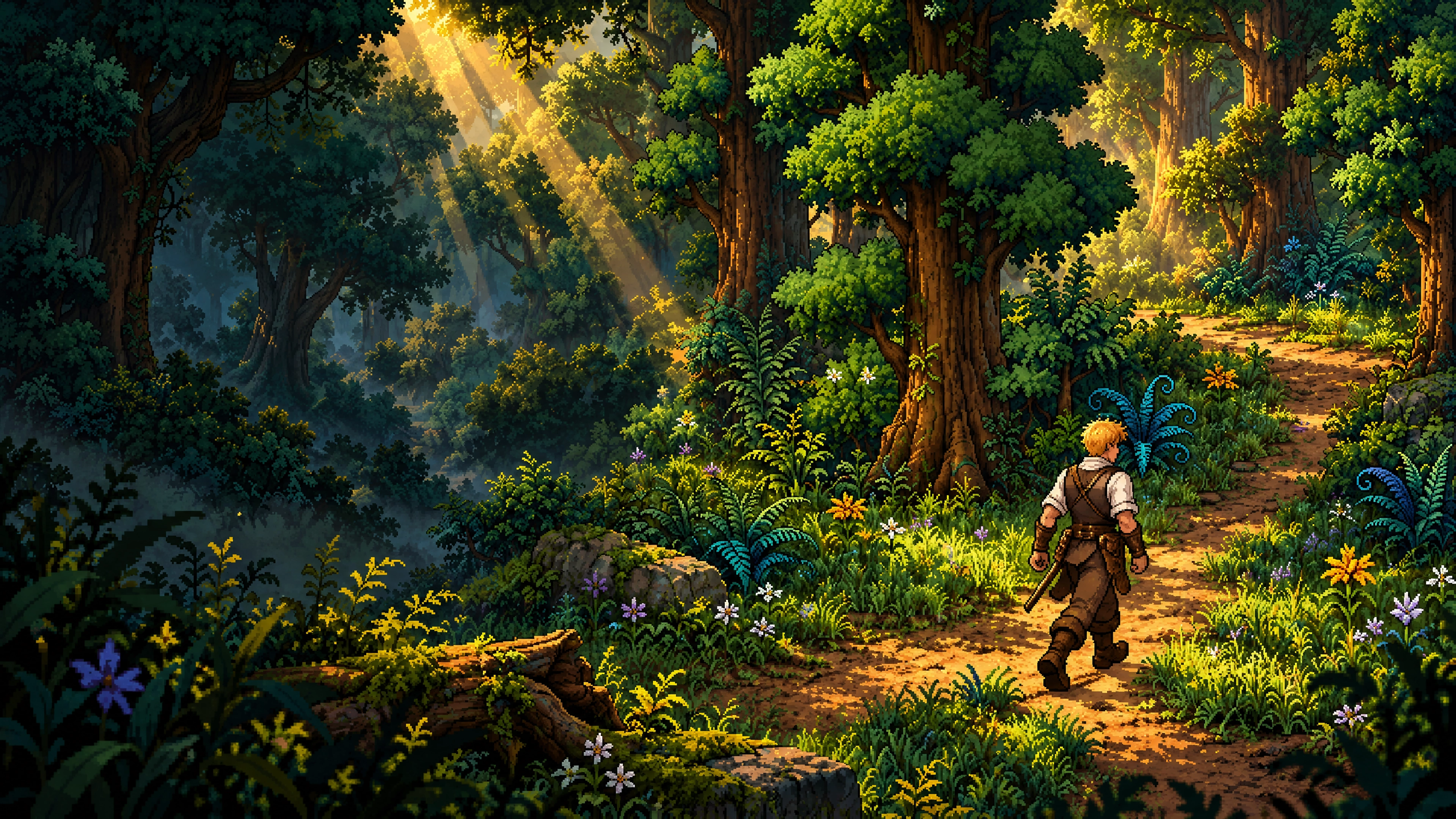 A Human adventurer follows a sunlit pathway into El’Thori Grove, among ancient trees and cyan-blue ferns.
